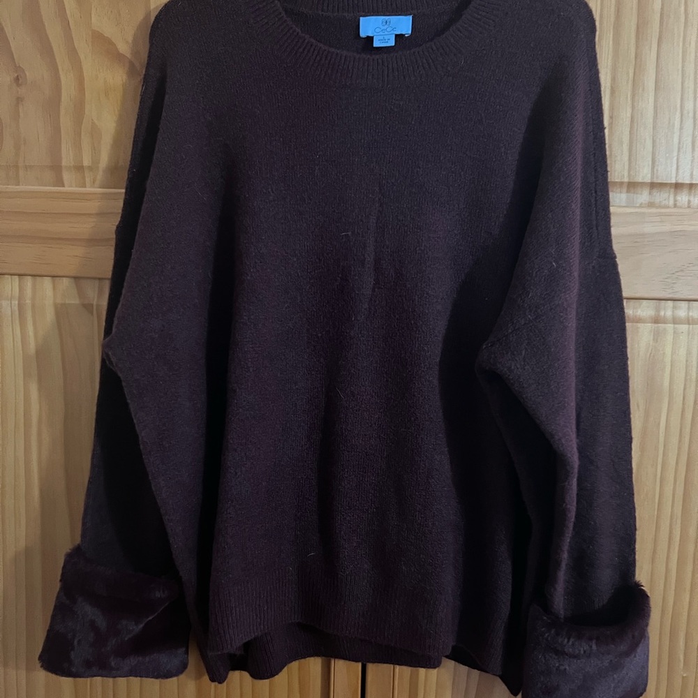 CeCe Dark Burgundy Crewneck Sweater with fur cuffs